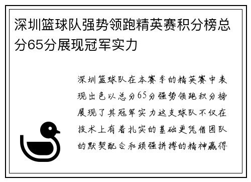 深圳篮球队强势领跑精英赛积分榜总分65分展现冠军实力